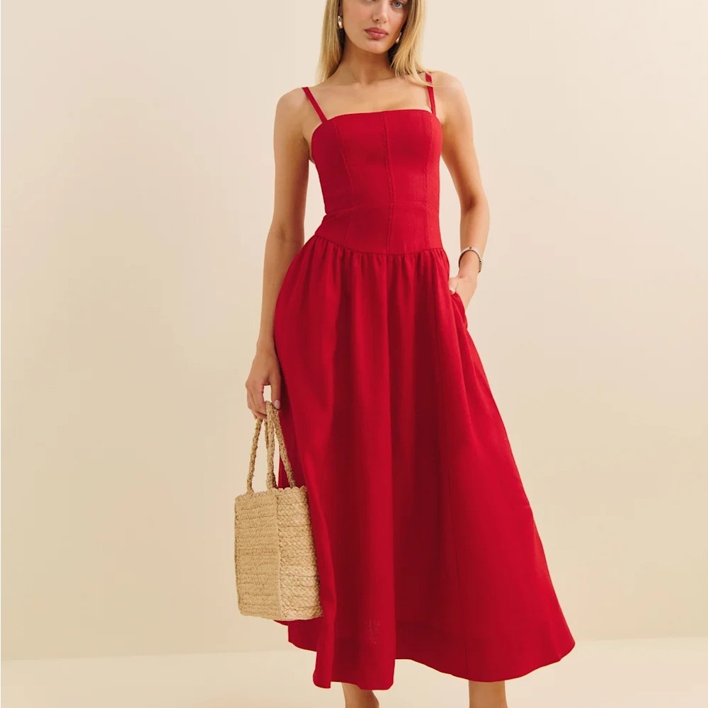 Reformation Katarin Red Linen Midi Dress